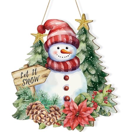 Jul Träkrans för ytterdörr, Snögubbe Väggplatta med "God Jul" & "Välkommen" Skyltar - Hängande Dekoration för Hem Ytterdörr