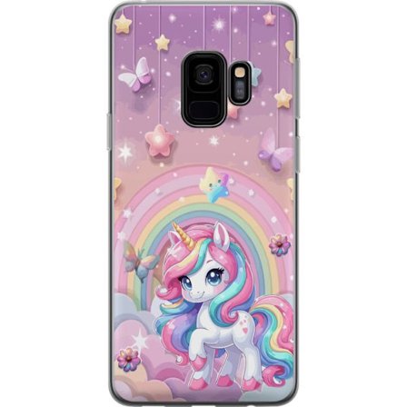 Kompatibelt Mobildeksel til Samsung Galaxy S9 Magisk enhjørning med regnbue manke, stjerner og sommerfugler mot en pastellhimmel med skyer