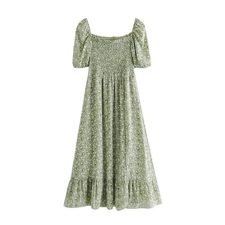 Fyrkantig Hals Kort Ärm Blommig Slits Midja Klänning Lång Kjol