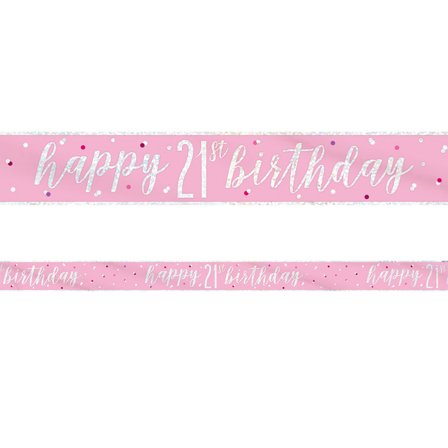 Happy 21th Birthday Banner Pink & Sølv