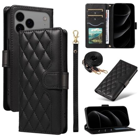 iPhone 17 Pro Max wallet cover rhombus with strap - black