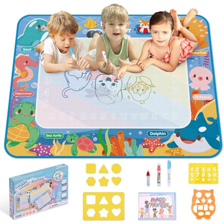 Vand Tegnemåtte Børnelegetøj 100×80cm, med 3 Tegne Penne og 3 Tegneskabeloner, Genanvendelig Vand Tegnemåtte til Drenge og Piger