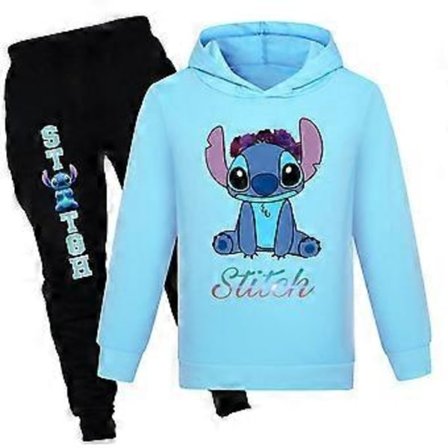 Lilo og Stitch Hettegenser Sett til Barn, Langermet Treningsdress, Genser Topper Bukser Antrekk Gutter Jenter -NMAOV(11-12 År Lyseblå)