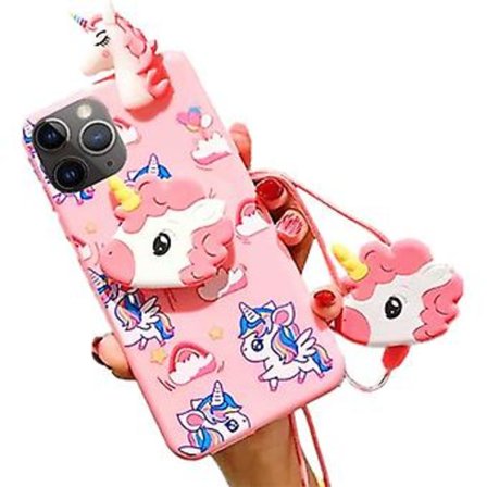 Yksisarviskotelo iPhone 12 Pro Max 6.7:lle narulla, 3D-sarjakuvamuotoilu söpö joustava jalusta suojakotelo, iPhone 12 Pro Max -kotelo Kawaii Fashio