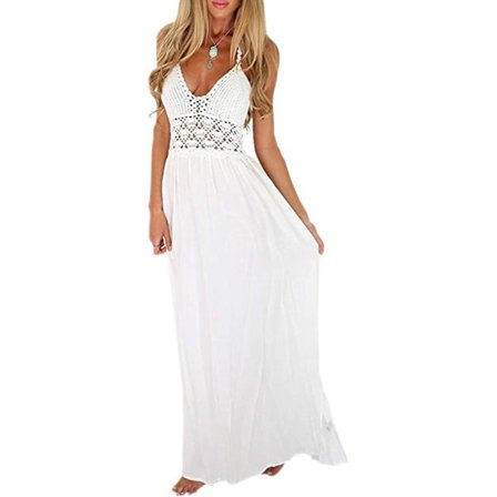 Naisten rantakrochetilla tehty selkämyksellinen boho-mekko, valkoinen, M