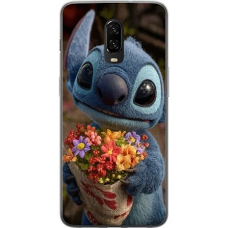 Kompatibel Mobilcover til OnePlus OnePlus 6T Sød blå figur med store øjne, der holder en farverig buket i en varm og kær stil