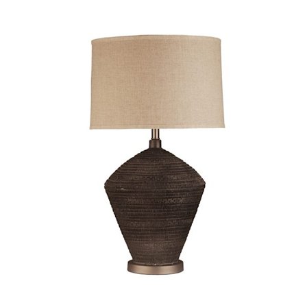 Betonbordlampe, sort fod, beige hørskærm