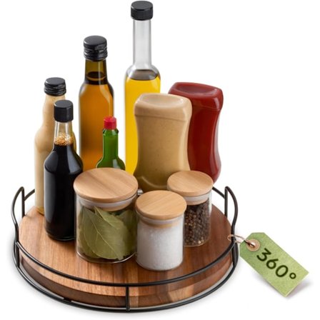 Lazy Susan Dreieskive - Slitesterkt Tre 360° Rotasjon - Stor Lazy Susan Organizer - Sklisikker Base - Kjøkkenoppbevaring