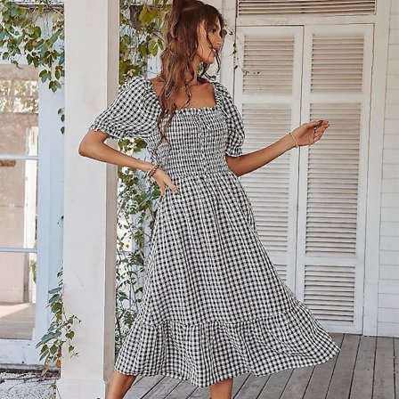 Sommermote Rutete Fransk Firkantet Hals Kortermet Midje Snøring Uformell Allsidig Elegant Kjole