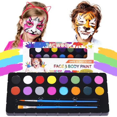 Ansigtsmalingssæt til børn, 16-farvepalette med pensler, giftfri og vaskbar, perfekt til Halloween og fester{F2}