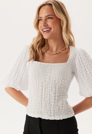 Bubbleroom - Square Neck Volume Sleeve Top - White - Kläder