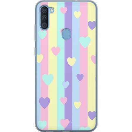 Yhteensopiva Puhelinkuori Samsung Galaxy A11 Pastelliraitoja pinkissä, keltaisessa, violetissa ja sinisessä, joissa on hajallaan pehmeitä kawaii-tyyli