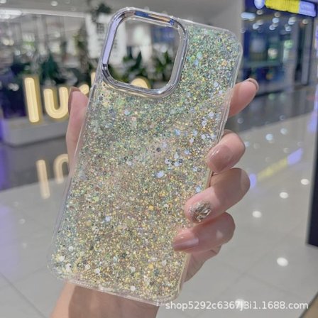 Deksel til iPhone 17 Epoxy Glitter Transparent Gul-Grønn Glitter Transparent Elektroplettert Linseramme