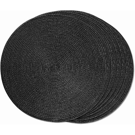 Sæt med 6 runde flettede dækkeservietter til spisestue - skridsikre, vaskbare, vævede dækkeservietter, 15 tommer, sorte