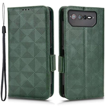 Stötsäkert PU-läderfodral med triangelmönster för Asus Rog Phone 6 5g, magnetiskt flip-plånboksfodral med stativ och rem -dd