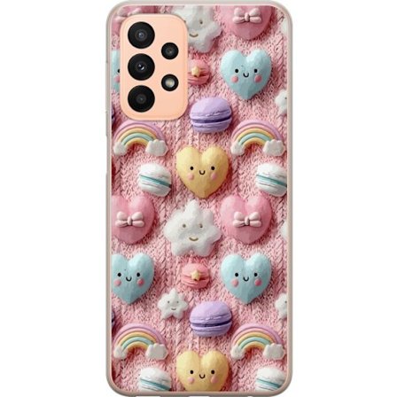 Yhteensopiva Puhelinkuori Samsung Galaxy A23 5G Pastellimotiiivi sydämillä, pilvillä, sateenkaarilla ja makaronseilla vaaleanpunaisella taustalla sulo