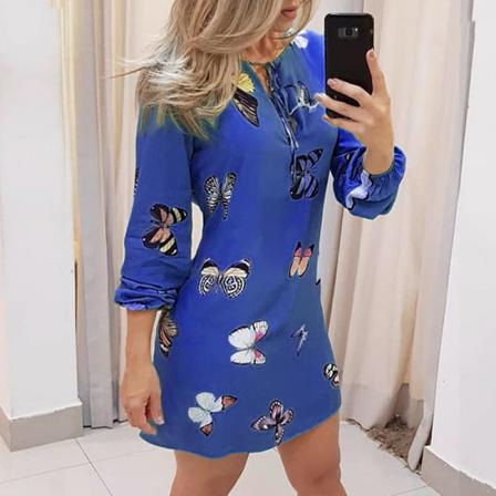 Kvinnor Fjärilstryck Lång Print Spets Upp Casual Miniklänning