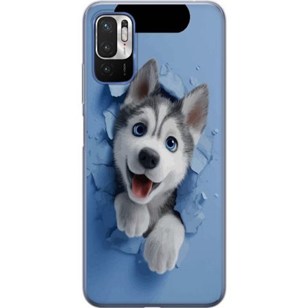 Yhteensopiva Läpinäkyvä kuori Xiaomi Redmi Note 10 5G Söpö husky pentu, jolla on suuret siniset silmät, jotka kurkistavat rikkinäisen seinän l