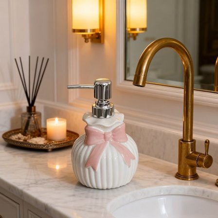 Én gjenbrukbar keramisk såpedispenserflaske med et brukervennlig pumpehode.