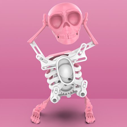 Et Halloween-tema dansende skeletlegetøj med pink briller og et roterende hoved, perfekt til stresslindring, fester, practical jokes og 