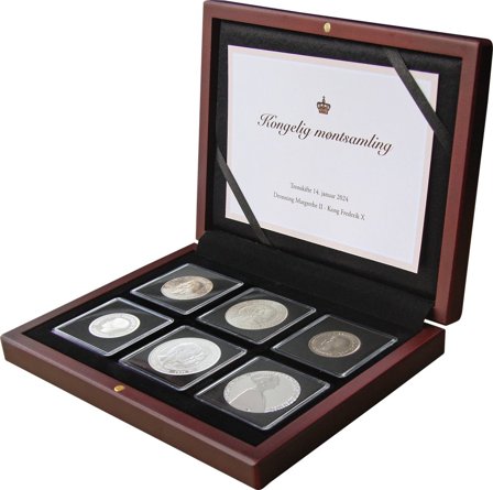 Danmark Tronskifte møntsamling - 6 historiske mønter i flot møntæske