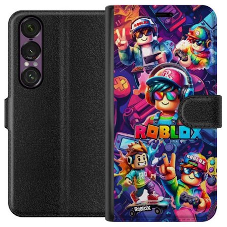 Kompatibel Tegnebogsetui til Sony Sony Xperia 1 VII Farverig Roblox gaming gruppe med hovedtelefoner, controllere og neonfarver perfekt til børn og g