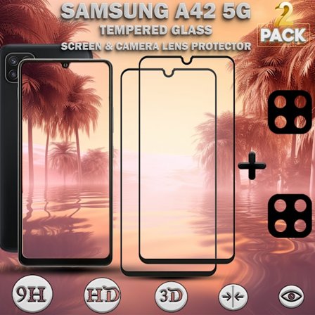 2-Pack SAMSUNG A42 Näytönsuoja & 2-Pack linssinsuoja - Karkaistu Lasi 9H - Super laatu 3D
