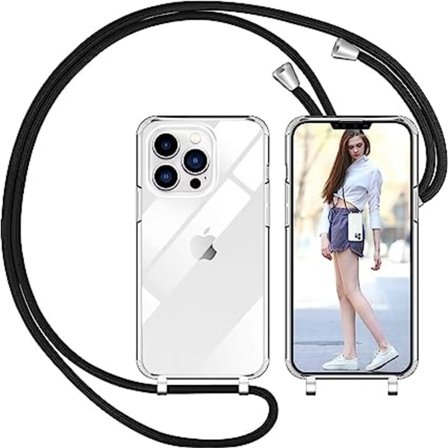 Etui med snor til iPhone 13 Pro, gjennomsiktig etui