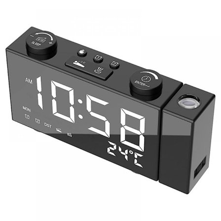 Mordely Multifunctional Clock Radio With Thermometer Function Led Alarm Clock Intelligent Projection Fm Fm Alarm Clock - Black