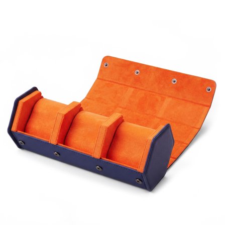 Hexa | Granatowo-pomarańczowe sześciokątne etui rolowane z ekologicznej skóry na 3 zegarki dla mężczyzn - Pudełka na zegarki