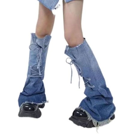 Y2K Fashion Dame Benvarmere Strømper Punk Rock Denim Harajuku Justerbar Knæhøje Strømper Japansk Mode Streetwear Benvarmer
