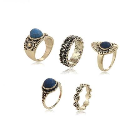 5 stk./sæt Bohemian Vintage Blå Sten Legering Fingerring Kvinder Charmerende Smykker Antique Golden