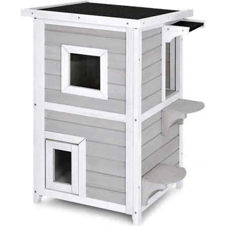 COSTWAY Puutarha Kissa Puu 2 Tasoista Irrotettavalla Katolla Kallistettu ja Sateenkestävä Asfaltti 2 Hyppyalustaa