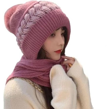 2 i 1 Vinter Skjerf Lue, Varm Strikket Lue