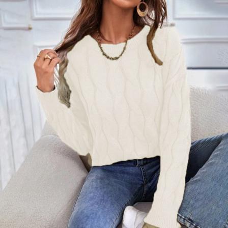 Damer Enfärgad Ribbad Fåll Pullover Crew Neck Stickad Tröja