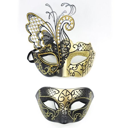 2 stk. Guld venetianske masker, metalmasquerade masker, parmasker, bal, karneval
