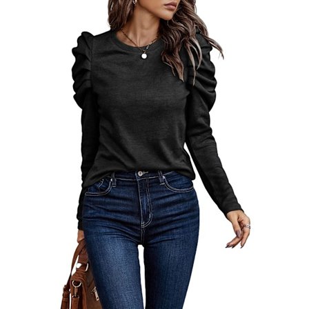 Dam T-shirt med Rund Hals, Puffärmar, Slim Fit