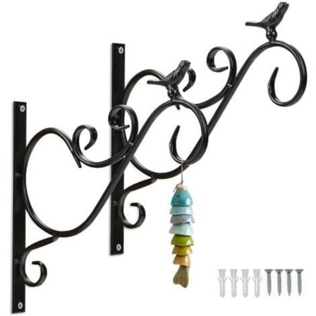 Hængende krogkurv (sæt med 2) Væg krog støbejern hængende kurv med skruer, 31 cm hængende beslag til hængende kurve - Fuglen