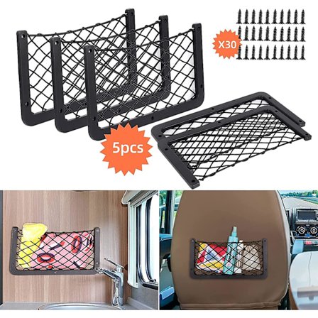 5 st Elastiskt Bilförvaringsnät med 30 skruvar, Bagageutrymmesorganisatörer med plastram, Multifunktionell bilfickorganisatörväska för husbil, hem