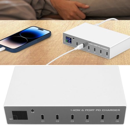 140W USB-C Lader Strømtilpasningsenhet 6-Port PD Lader Mobiltelefon Digital Smart Rask Lading Stasjon for iPhone for Android Telefon 100‐240V EU-Plugg