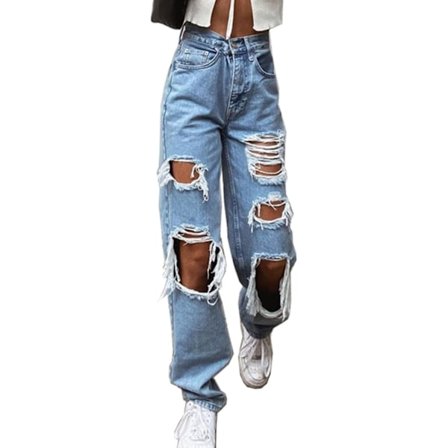 Dame High Waist Løs Revet Jeans, Boyfriend Fashion Stor Denim Løs
