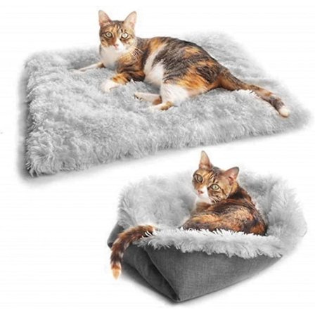 Furry selvoppvarmende kattesengmatte for katter små hunder, funksjon 2 i 1 myk plu