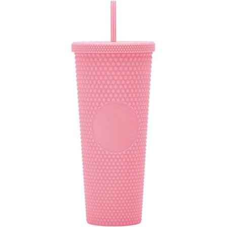 Dubbelväggiga plastglas med nitar, lock och sugrör, BPA-fria, 24 oz, ljusrosa