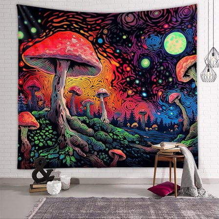 150 x 130 cm, Svampe Gobelin Måne Stjerner Farverig Plante Gobelin til Soveværelse Æstetisk Fantasi Skov Gobeliner Boho Gobelin vægophæng til 