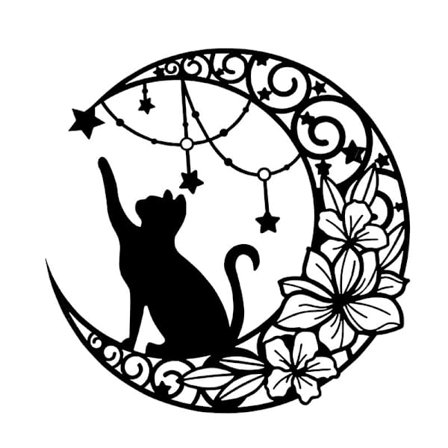 Måne og katt metallveggkunst, svart veggdekor silhuett