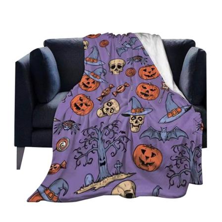 Halloween Kastfilt Med Lykta Pumpor Print Purple2 120*150