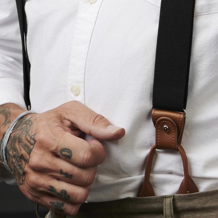 Larges bretelles noires à pinces et boutons en cuir pour hommes - Bretelles à boutons