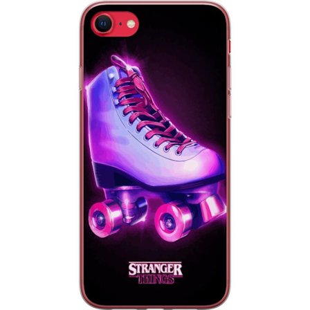 Apple iPhone SE (2020) Gjennomsiktig deksel Retroglow-stil rulleskøyter i neonrosa og lilla mot svart bakgrunn, perfekt for åtti-talls inspirerte mo