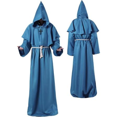 Unisex Voksen Middelalderlig Kåpe Kostyme Munk Hettekåpe Kappe Friar Prest Trollmann Halloween Tunika Kostyme 3 deler Blue Medium