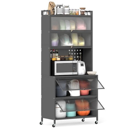 COSTWAY 6-tasoinen keittiöbuffetti valolla, avautuvilla ovilla, reikäpaneelilla, koukuilla, 4 pyörällä tai säädettävillä jaloilla, musta